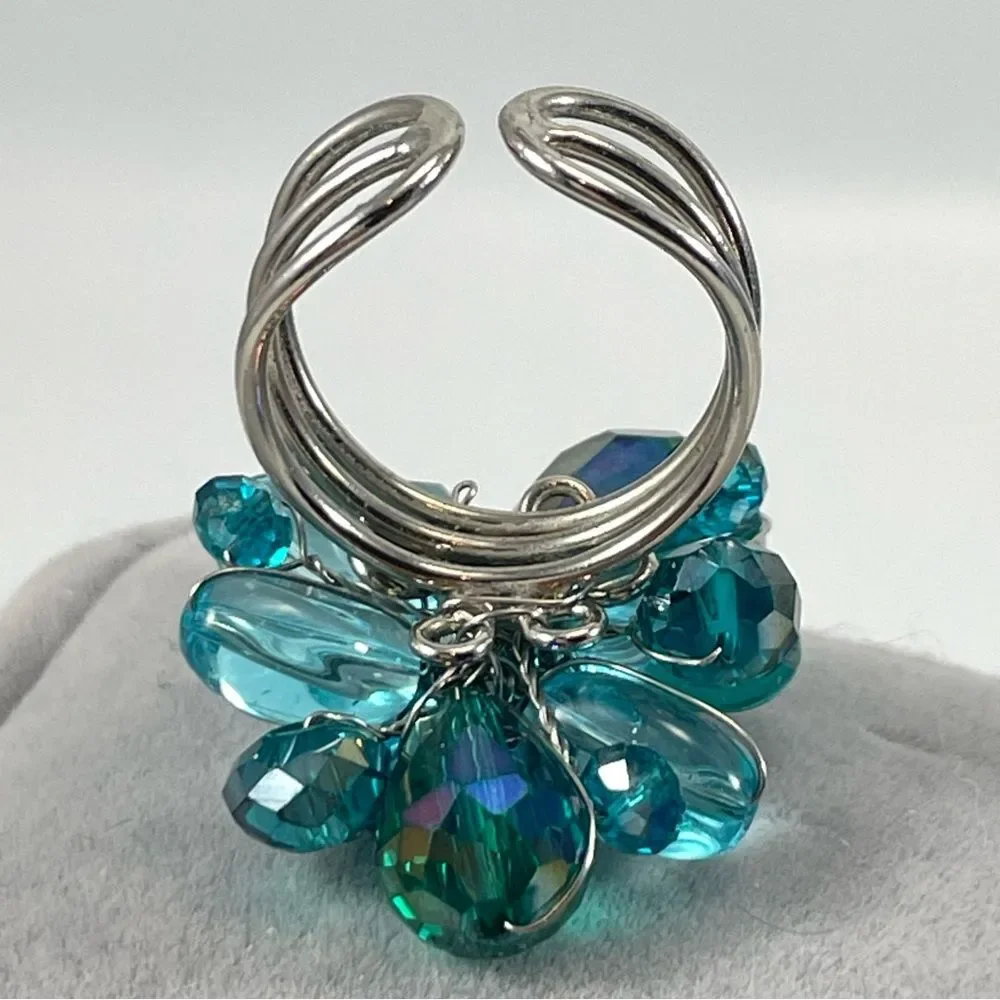 Beautiful Ring Unsigned Blue Glass Artisan Adjustable Silver Tone Statement